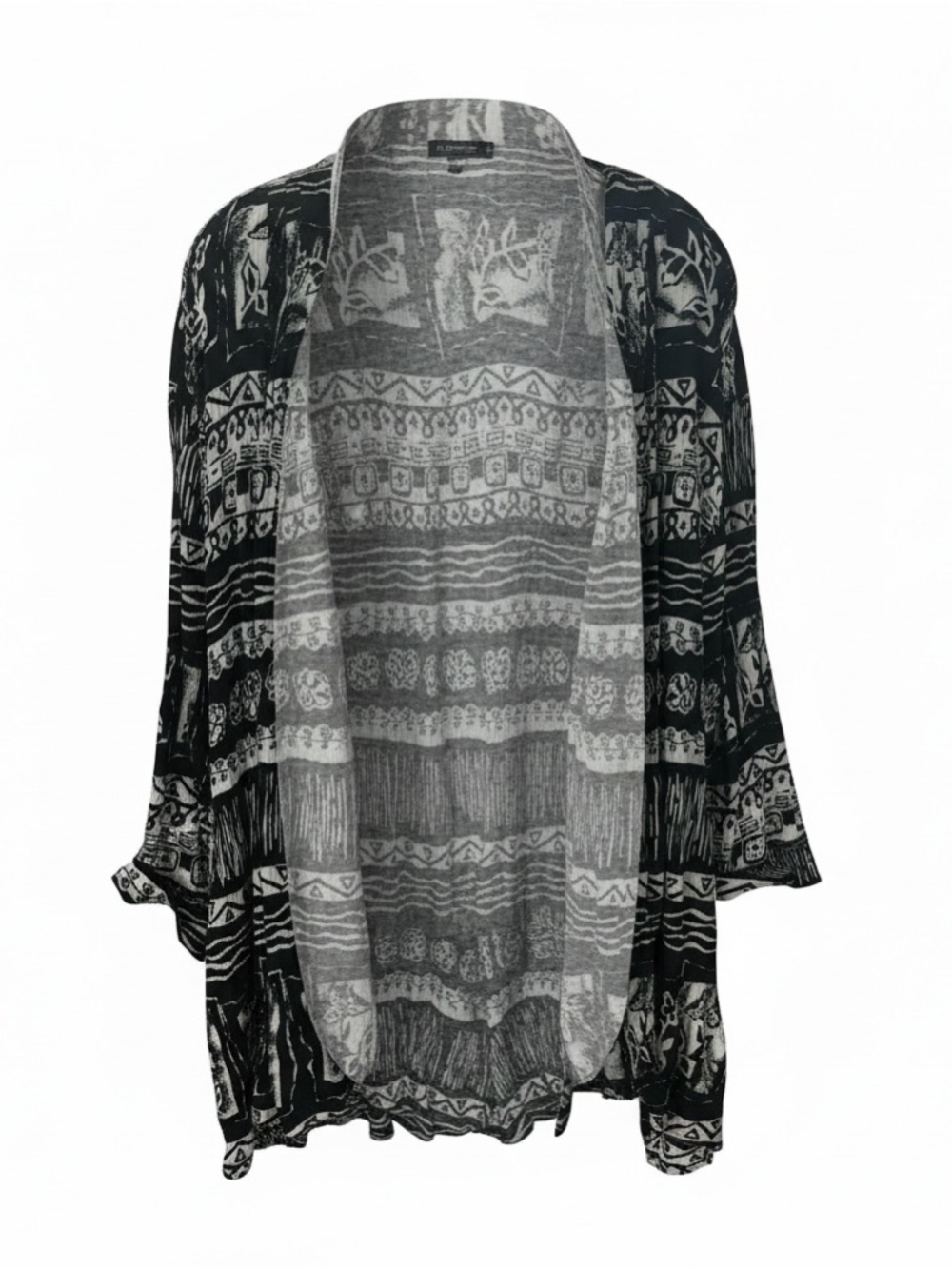 Solitaire Woman Black White Boho Tribal Art to Wear Rayon Kimono Cardigan